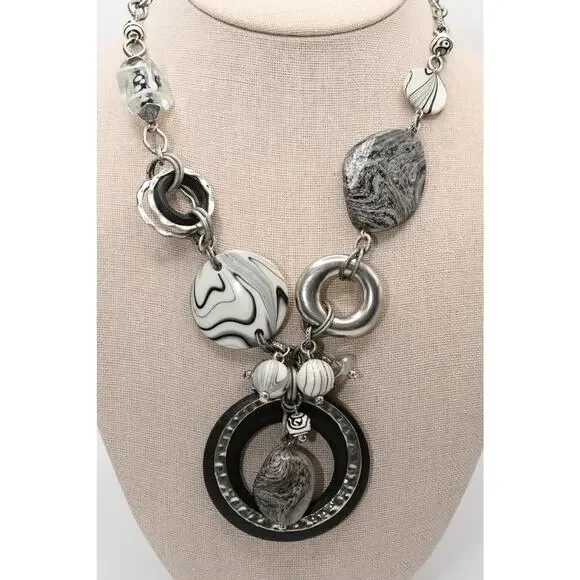 Chico's Statement Necklace Black White Lucite Wood Ring Silver Tone - Picture 2 of 11